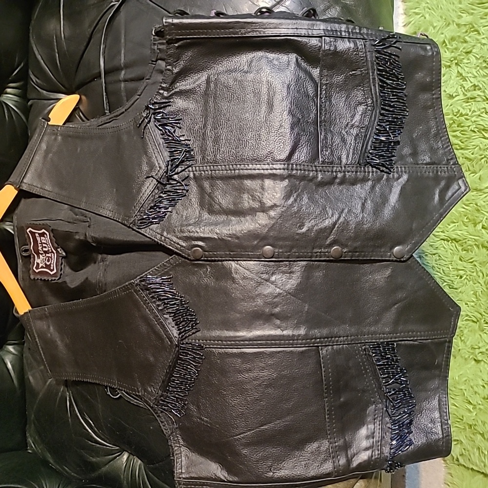 Leather Club Real Sturdy Black Leather Vest Fringes Size 46